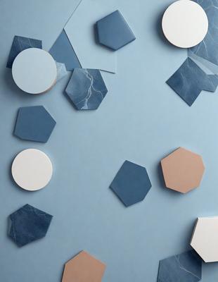 The primary subject of the image is a collection of various shapes and sizes, including circles and triangles, arranged on a blue surface. The setting appears to be a room with a blue wall, and the visual style is a combination of digital art and illustration. The dominant colors in the image are blue and white, creating a calm and organized atmosphere.