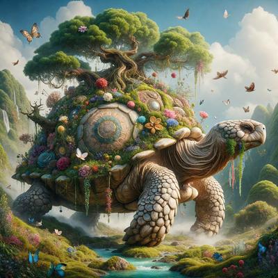 The primary subject of the image is a large, colorful turtle with a tree growing out of its back. The turtle is surrounded by a lush, green environment, which includes a waterfall and a variety of flowers and butterflies. The visual style of the image is a combination of digital art and illustration, creating a vibrant and whimsical scene. The colors and mood of the image are predominantly bright and cheerful, with a sense of wonder and magic.