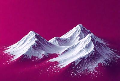 The primary subject of the image is a mountain range, with three distinct peaks. The setting is a purple background, which adds a unique and artistic touch to the scene. The visual style is a combination of digital art and illustration, creating a striking and eye-catching image. The colors and mood are predominantly purple, which gives the scene a sense of depth and intrigue.