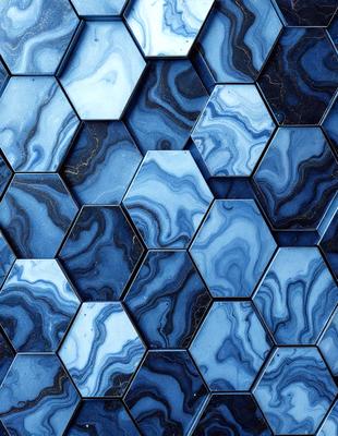 The primary subject of the image is a blue and black tile pattern. The setting is a wall with a blue and black tile pattern. The visual style is a close-up of the tile pattern. The dominant colors are blue and black, creating a modern and sophisticated atmosphere.