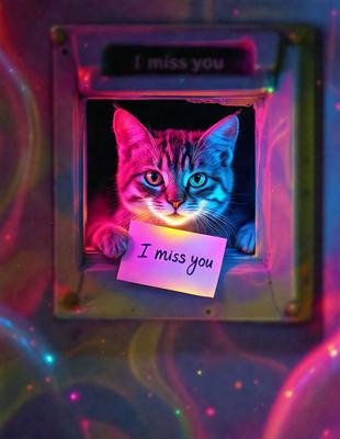 The primary subject of the image is a cat. The cat is holding a sign that reads "I miss you." The setting is a room with a window, and the visual style appears to be a photo. The dominant colors in the image are pink and purple, creating a warm and affectionate atmosphere.