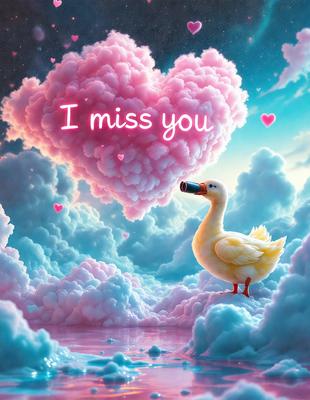 The primary subject of the image is a duck, which is the main object, scene, or focus of the image. The duck is sitting on a cloud, which serves as the setting or background of the image. The visual style of the image is digital art, as it is a computer-generated illustration. The colors and mood of the image are predominantly pink and whimsical, creating a light-hearted and playful atmosphere.