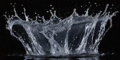 The primary subject of the image is a splash of water, which appears to be a digital art or illustration. The setting is a dark background, and the visual style gives the impression of a water drop or a water splash. The colors and mood of the image are predominantly dark, with the water splash being the main focus.