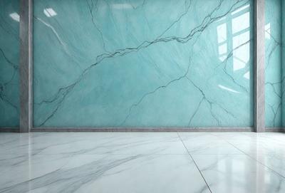 The primary subject of the image is a large, blue marble wall with a pattern of white and blue stripes. The setting is a room with a white floor, and the visual style appears to be a photo. The dominant colors are blue and white, creating a calm and serene atmosphere.