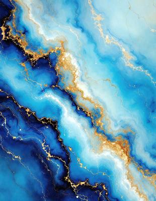 The primary subject of the image is a blue and gold swirling pattern, which appears to be a painting or a digital artwork. The setting is a blue background, and the visual style is a combination of digital art and painting. The dominant colors are blue and gold, creating a vibrant and lively atmosphere.