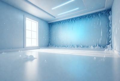 The primary subject of the image is a room with a blue wall. The setting is a white room with a blue wall, and the visual style is digital art. The dominant colors are blue and white, creating a calm and serene atmosphere.