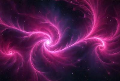 The primary subject of the image is a pink spiral pattern, which appears to be a digital art or illustration. The setting is a night sky, with stars visible in the background. The visual style gives the impression of a futuristic or surreal scene. The dominant colors are pink and purple, creating a warm and dreamy atmosphere.