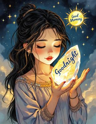 The primary subject of the image is a woman holding a crystal ball. The setting is a night sky, with the woman standing in front of a cloudy background. The visual style is a digital art illustration, creating a whimsical and magical atmosphere. The colors are predominantly dark, with the woman's hair and the crystal ball being the main focus, while the night sky and clouds provide a contrasting backdrop.