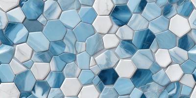 The primary subject of the image is a blue and white tile pattern. The setting is a wall with a blue and white tile pattern. The visual style is a close-up of the tile pattern. The dominant colors are blue and white, creating a clean and modern atmosphere.