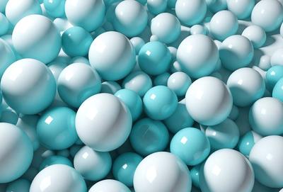 The primary subject of the image is a large group of blue and white balls. The setting is a blue background, which creates a visually appealing contrast with the balls. The visual style is a 3D digital art, giving the balls a realistic and vibrant appearance. The colors and mood of the image are predominantly blue and white, creating a sense of calmness and tranquility.