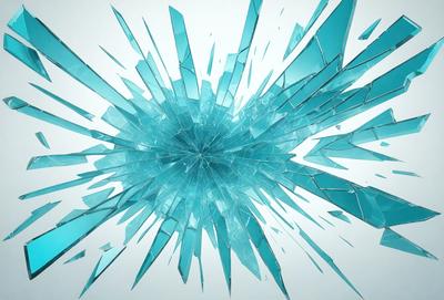 The primary subject of the image is a large, blue, shattered glass piece. The setting is a white background, which provides a clean and minimalist appearance. The visual style is a digital art or illustration, as the glass appears to be digitally created or manipulated. The colors and mood of the image are predominantly blue, giving it a cool and modern feel.
