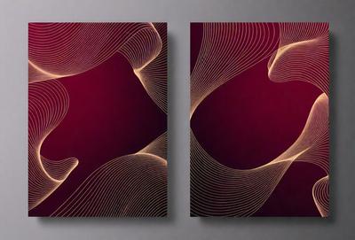 The primary subject of the image is a pair of abstract art pieces, each featuring a purple background and a pattern of lines and curves. The setting is a wall, and the visual style appears to be a combination of digital art and illustration. The dominant colors are purple and various shades of purple, creating a mood of sophistication and elegance.