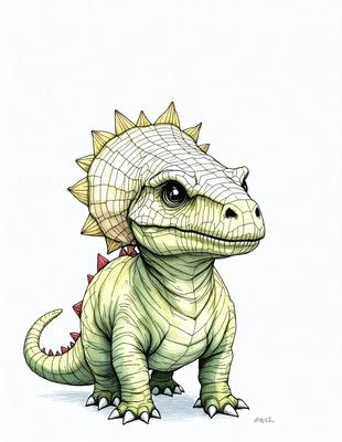 The primary subject of the image is a cartoon-like dinosaur, possibly a baby alligator or a dinosaur with a crocodile head, standing on a white surface. The visual style of the image is a combination of digital art and illustration, giving it a unique and creative appearance. The colors and mood of the image are predominantly green, which adds to the dinosaur's natural and vibrant appearance.