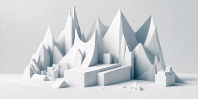 The primary subject of the image is a large white building, which is the main focus of the scene. The building is situated in a desert-like environment, with a rocky mountain range in the background. The visual style of the image is digital art, as it appears to be a 3D model or a computer-generated illustration. The colors and mood of the image are predominantly white and neutral, giving it a clean and minimalist appearance.