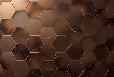 The primary subject of the image is a close-up of a brown, textured surface with a pattern of hexagons. The setting appears to be a wall or a textured surface, possibly a wallpaper or a textile. The visual style of the image is a close-up, which emphasizes the details of the hexagonal pattern. The colors in the image are predominantly brown, which gives the scene a warm and earthy atmosphere.