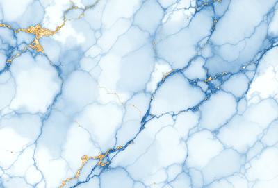 The primary subject of the image is a blue marble wall with a white and gold pattern. The setting is a room with a blue marble floor. The visual style is a close-up of the marble wall, showcasing its unique texture and design. The colors and mood of the image are predominantly blue and gold, creating a sense of elegance and sophistication.
