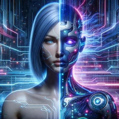 The primary subject of the image is a futuristic robot with a human-like face. The robot is depicted in two different colors, one being blue and the other being white. The setting is a futuristic environment, likely a digital art or illustration. The visual style is a combination of digital art and illustration, creating a unique and intriguing image. The colors and mood of the image are predominantly blue and white, giving it a cool and technological atmosphere.