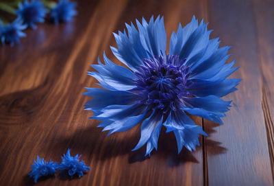 The primary subject of the image is a blue flower, which is the main focus of the scene. The setting is a wooden table, and the visual style appears to be a photo. The dominant colors in the image are blue and purple, creating a calm and serene atmosphere.