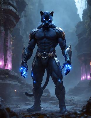 The primary subject of the image is a character, possibly a cat or a person with cat-like features, wearing a suit and standing in a dark, possibly futuristic setting. The character appears to be a warrior or a superhero, with a strong and imposing presence. The setting includes a stone wall and a forest in the background, adding to the overall atmosphere of the image. The visual style of the image is a combination of photo and digital art, creating a unique and intriguing scene. The colors in the image are predominantly dark, with some blue and purple accents, contributing to the mysterious and dramatic mood of the scene.