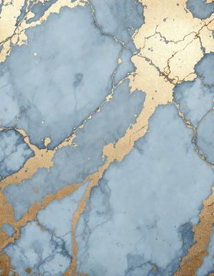 The primary subject of the image is a blue and gold marbled wall. The setting is a room with a blue and gold marbled wall, which serves as the background. The visual style is a combination of a photo and digital art, creating a unique and intricate design. The dominant colors are blue and gold, giving the wall a luxurious and elegant appearance.