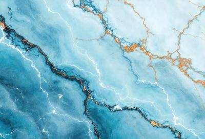 The primary subject of the image is a blue and gold painting of a waterfall. The setting is a blue and white marble-like surface, which adds to the overall visual style. The painting is a digital art piece, creating a unique and vibrant atmosphere. The dominant colors in the painting are blue and gold, with the blue water and gold accents on the marble-like surface.