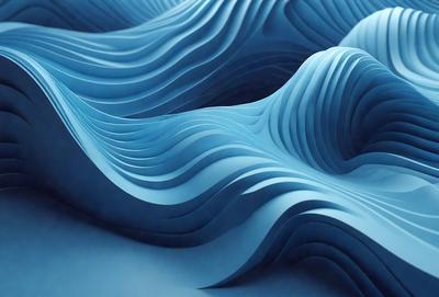 The primary subject of the image is a blue, three-dimensional sculpture of a wave. The sculpture is made of a material that resembles a blue, wavy fabric. The setting is a blue background, which complements the sculpture's color. The visual style is a combination of digital art and illustration, creating a unique and artistic representation of a wave. The colors and mood of the image are predominantly blue, giving it a calm and serene atmosphere.
