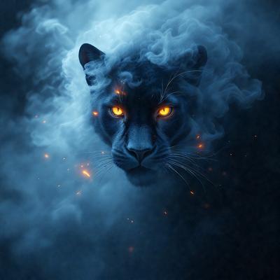 The primary subject of the image is a black panther with glowing eyes, which appears to be a digital art or illustration. The setting is a dark, cloudy sky, and the visual style gives the impression of a surreal or fantastical scene. The dominant colors are black and orange, with the panther's eyes being the brightest point of the image. The overall atmosphere is mysterious and captivating.