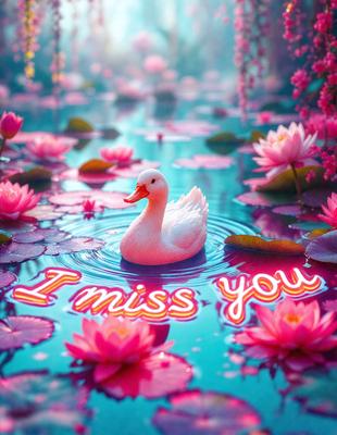 The primary subject of the image is a white duck floating on a pink water surface, surrounded by pink flowers. The setting is a pond with a vibrant pink color, creating a serene and peaceful atmosphere. The visual style is a digital art, with the duck and flowers being the main focus of the image. The colors and mood convey a sense of tranquility and beauty.