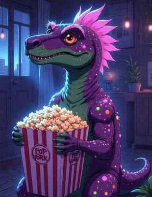 The primary subject of the image is a cartoon dinosaur holding a bag of popcorn. The setting is a room with a potted plant in the background. The visual style is a cartoon illustration, and the colors and mood are vibrant and fun.