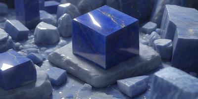The primary subject of the image is a blue square block, which is the main object in the scene. The setting is a rocky surface, with a variety of blue and white rocks surrounding the block. The visual style of the image is a combination of photo and digital art, creating a unique and intriguing appearance. The dominant colors in the image are blue and white, giving the scene a cool and calming atmosphere.