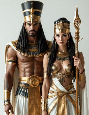 The primary subject of the image is a man and a woman dressed in Egyptian costumes, standing next to each other. They are both wearing gold and white clothing, which gives the scene a sense of elegance and sophistication. The setting appears to be a studio or a carefully staged environment, as the couple is posing for a picture. The visual style of the image is a combination of photo and digital art, creating a high-quality and detailed representation of the Egyptian-themed costumes. The colors and mood of the image are predominantly gold and white, which evoke a sense of luxury and timelessness.