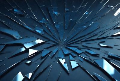The primary subject of the image is a large, circular glass window with a blue tint. The window is shattered, creating a sense of disarray and chaos. The setting is a dark room, with the shattered window as the main focus. The visual style is a combination of photo and digital art, as the window appears to be a photograph with a digital artistic touch. The colors and mood are predominantly dark and moody, with the blue tint adding a sense of calmness to the scene.