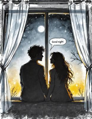 The primary subject of the image is a man and a woman sitting together in a room. They are looking out a window at night, with the man on the left and the woman on the right. The setting appears to be a cozy, intimate space, possibly a bedroom. The visual style of the image is a black and white drawing, giving it a classic and timeless feel. The dominant colors are black and white, with the night sky and the woman's hair adding a touch of color to the scene. The overall atmosphere is one of warmth and connection between the two individuals.