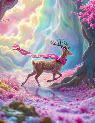 The primary subject of the image is a deer with a pink ribbon around its neck. The deer is walking through a pink and purple forest, which creates a whimsical and magical atmosphere. The visual style of the image is digital art, as it appears to be a painting or drawing with a vibrant color palette. The colors and mood of the image are predominantly pink and purple, giving it a warm and inviting feel.