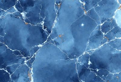 The primary subject of the image is a blue marble wall with a white and blue pattern. The setting is a room with a blue and white marble floor. The visual style is a digital art, and the colors and mood are predominantly blue and white, creating a calm and serene atmosphere.