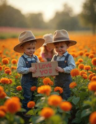 The image features two young boys wearing hats and holding a sign that reads "I love you." They are standing in a field of flowers, surrounded by a vibrant and colorful environment. The scene appears to be a photo, capturing the boys' joyful expressions and the beautiful flowers in the background. The overall atmosphere is warm, friendly, and heartfelt.