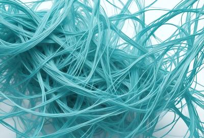 The primary subject of the image is a blue, twisted, and tangled mass of yarn. The setting is a white background, which provides a clean and uncluttered environment for the yarn to be the main focus. The visual style is a close-up of the yarn, showcasing its intricate and twisted patterns. The colors and mood of the image are predominantly blue, giving it a calm and serene atmosphere.