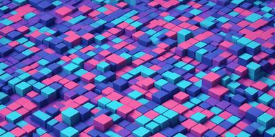 The primary subject of the image is a colorful, geometric pattern made up of various colored blocks. The setting is a purple and blue background, which adds to the vibrant and lively atmosphere of the scene. The visual style of the image is a combination of digital art and illustration, creating a unique and eye-catching design. The dominant colors in the image are purple, blue, and various shades of pink, which contribute to a cheerful and energetic mood.