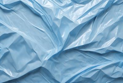 The primary subject of the image is a close-up of a blue plastic bag. The setting is a blue background, which creates a visually striking contrast with the plastic bag. The visual style is a close-up, which emphasizes the details of the plastic bag. The colors and mood of the image are predominantly blue, giving it a calm and serene atmosphere.