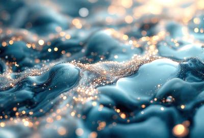 The primary subject of the image is a close-up of a blue, shimmering surface with a pattern of bright, sparkling lights. The setting appears to be a dark background, which contrasts with the bright, glowing lights. The visual style of the image is a combination of a photo and digital art, creating a unique and captivating effect. The dominant colors in the image are blue and the bright, sparkling lights, which contribute to a serene and calming atmosphere.
