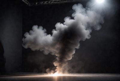 The primary subject of the image is a large, dark, and smoky cloud. The setting is a dark room, and the visual style appears to be a photo. The cloud is the main focus of the image, and its dark and smoky appearance creates a moody atmosphere.