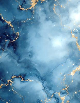 The primary subject of the image is a blue and gold marbled wall. The setting is a room with a blue and gold marbled wall, which serves as the background. The visual style is a combination of a photo and digital art, creating a unique and intricate design. The dominant colors are blue and gold, giving the wall a luxurious and elegant appearance.