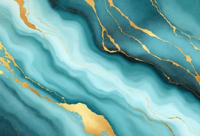 The primary subject of the image is a blue and gold marbled wallpaper. The setting is a room with a blue and gold marbled wallpaper, which creates a unique and visually appealing atmosphere. The visual style of the image is a combination of digital art and illustration, showcasing the intricate patterns and colors of the marbled wallpaper. The dominant colors in the image are blue and gold, which evoke a sense of luxury and sophistication.