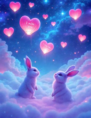 The primary subject of the image is two white bunnies standing next to each other in a cloudy sky. The setting is a whimsical, dreamy environment with a backdrop of clouds and a night sky. The visual style is a digital art or illustration, creating a surreal and imaginative atmosphere. The dominant colors are pink and white, which contribute to the overall mood of the scene.