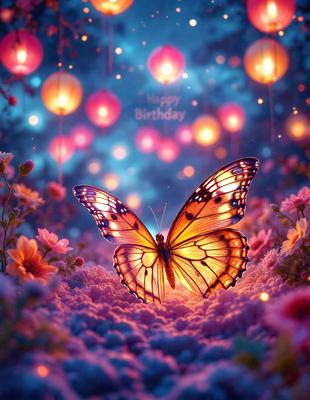 The primary subject of the image is a butterfly, which is the main object, scene, or focus of the image. The butterfly is sitting on a flower, surrounded by a beautiful and colorful environment. The setting includes a field of flowers, and the visual style is a combination of photo and digital art. The colors and mood of the image are vibrant and lively, with the butterfly and flowers creating a sense of joy and celebration.
