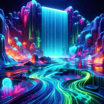 The primary subject of the image is a large, colorful waterfall with a blue and green hue. The waterfall is surrounded by a vibrant, neon-colored landscape, creating a visually striking scene. The setting appears to be a futuristic, digital art environment, with the waterfall as the focal point. The overall atmosphere is lively and energetic, with the bright colors and dynamic composition evoking a sense of movement and excitement.