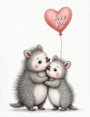 The image features two cute hedgehogs, one on the left and the other on the right, standing close to each other and hugging. They are both holding onto a heart-shaped balloon, which is floating above them. The scene is set against a white background, giving it a clean and simple appearance. The visual style of the image is a combination of digital art and illustration, creating a charming and endearing scene. The colors used in the image are predominantly pink and white, which adds to the overall warm and friendly atmosphere.