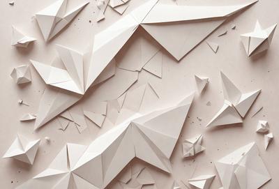 The primary subject of the image is a wall covered in a variety of white paper shapes, including triangles and other geometric patterns. The setting is a room with a pink background, which adds a warm and inviting atmosphere to the scene. The visual style is a combination of digital art and illustration, as the paper shapes are carefully arranged and positioned on the wall. The colors and mood of the image are predominantly white and neutral, creating a clean and minimalist appearance.
