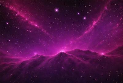 The primary subject of the image is a purple and pink starry sky with a mountain range in the background. The visual style appears to be a digital art or illustration, creating a vibrant and colorful atmosphere. The colors and mood of the image are predominantly purple and pink, giving it a dreamy and serene quality.