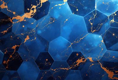 The primary subject of the image is a blue and gold patterned wallpaper. The setting is a room with a blue and gold wallpapered wall. The visual style is a digital art or illustration, creating a unique and eye-catching design. The dominant colors are blue and gold, giving the wallpaper a luxurious and elegant appearance.